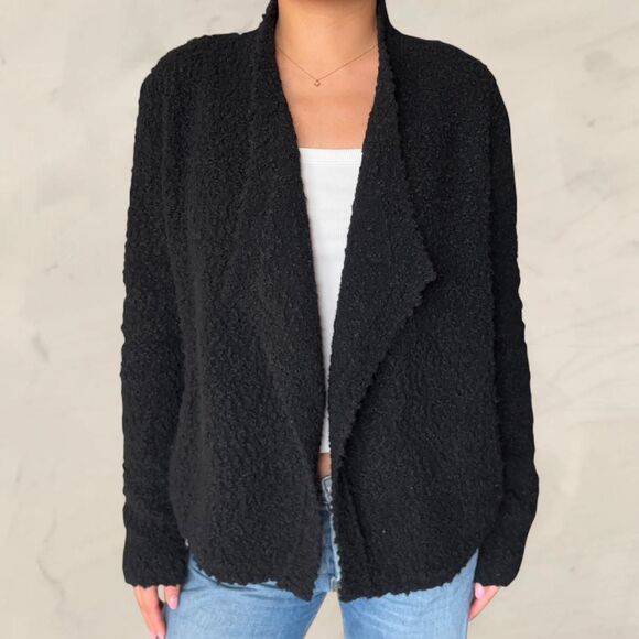 Ann Taylor LOFT Black Drapey Fleece-like Textured Open Wool Cardigan size medium - Picture 1 of 6